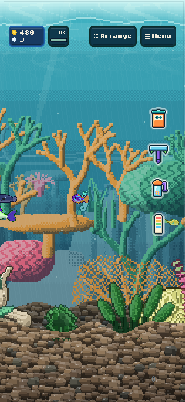 A planted coral tank in Tankt, with the care tools on the right